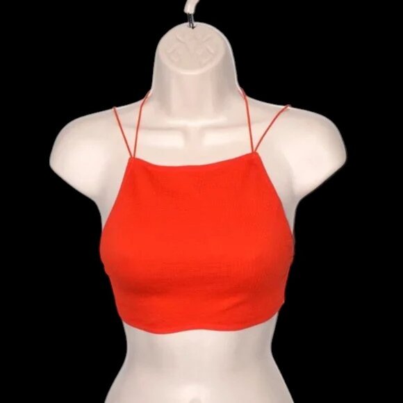 NWT ANWND Cross Back Crop Halter Top Double Spaghetti Straps Bright Orange - Picture 1 of 2